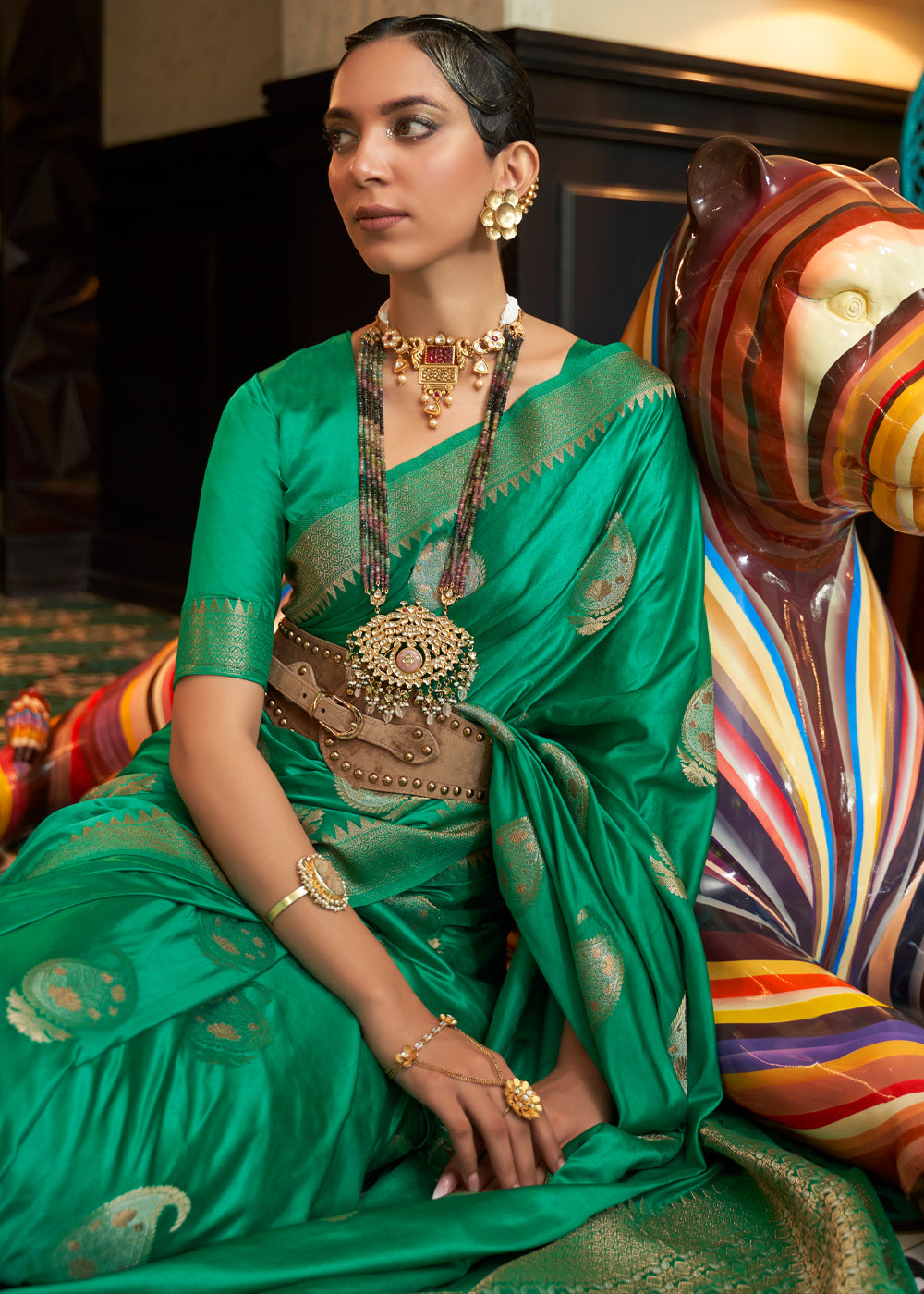 Fun Green Woven Satin Silk Saree