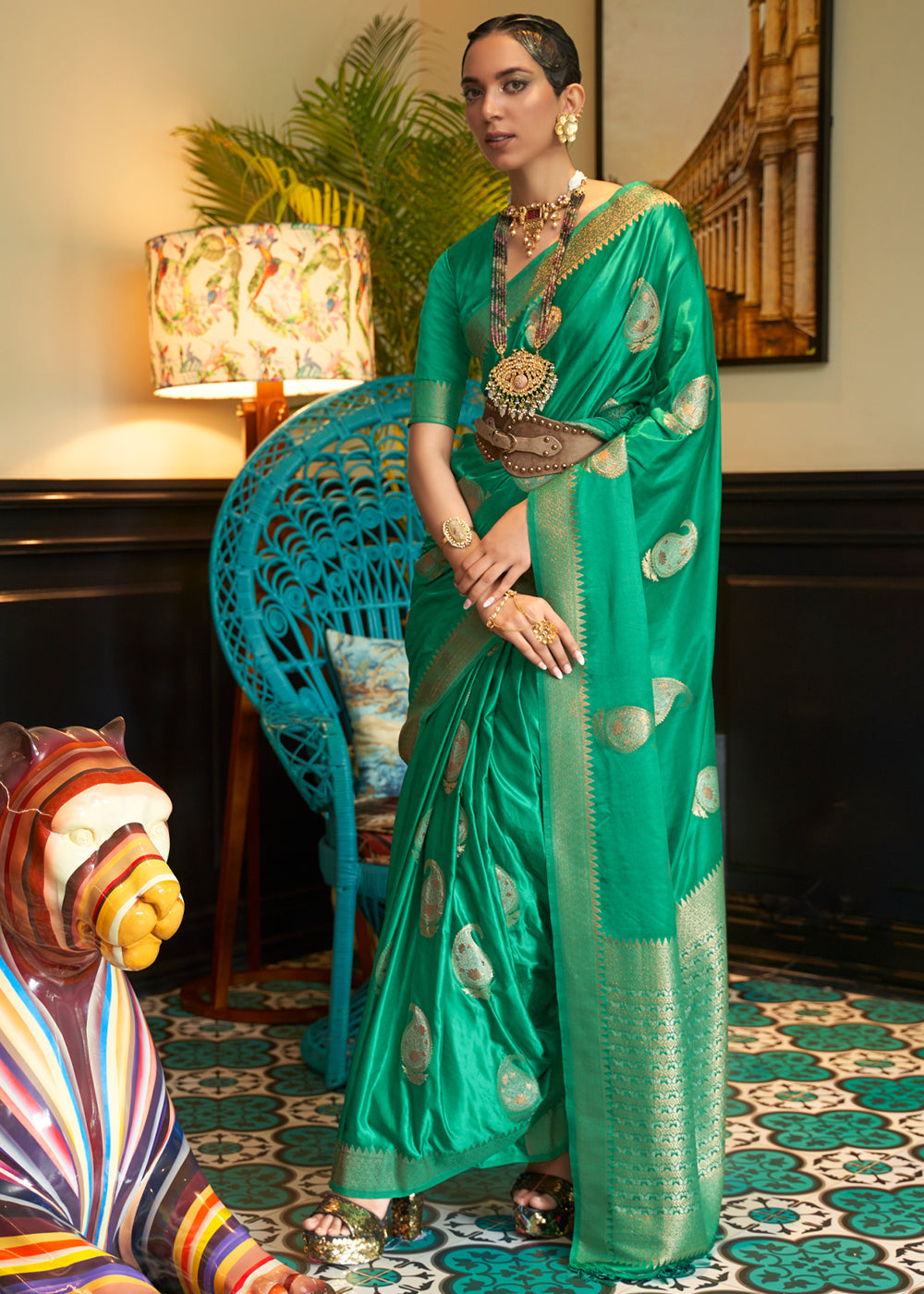 Fun Green Woven Satin Silk Saree