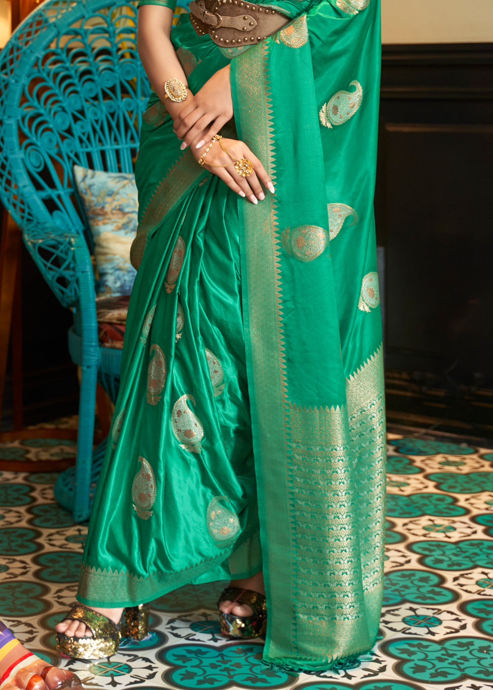 Fun Green Woven Satin Silk Saree