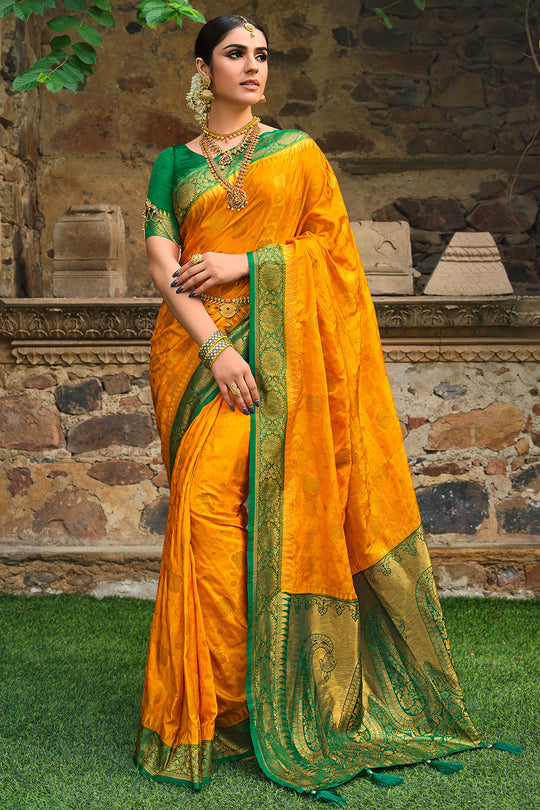 California Yellow and Green Kanjivaram Saree