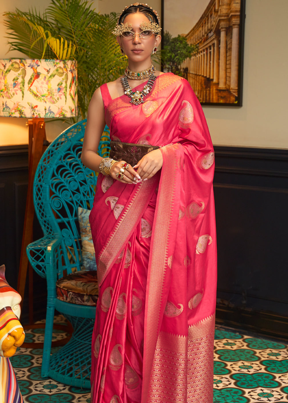 Cherry Pink Woven Satin Silk Saree