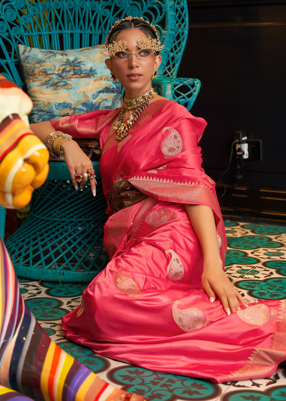 Cherry Pink Woven Satin Silk Saree