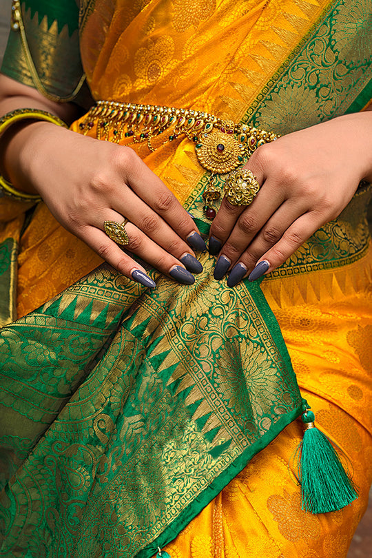 California Yellow and Green Kanjivaram Saree