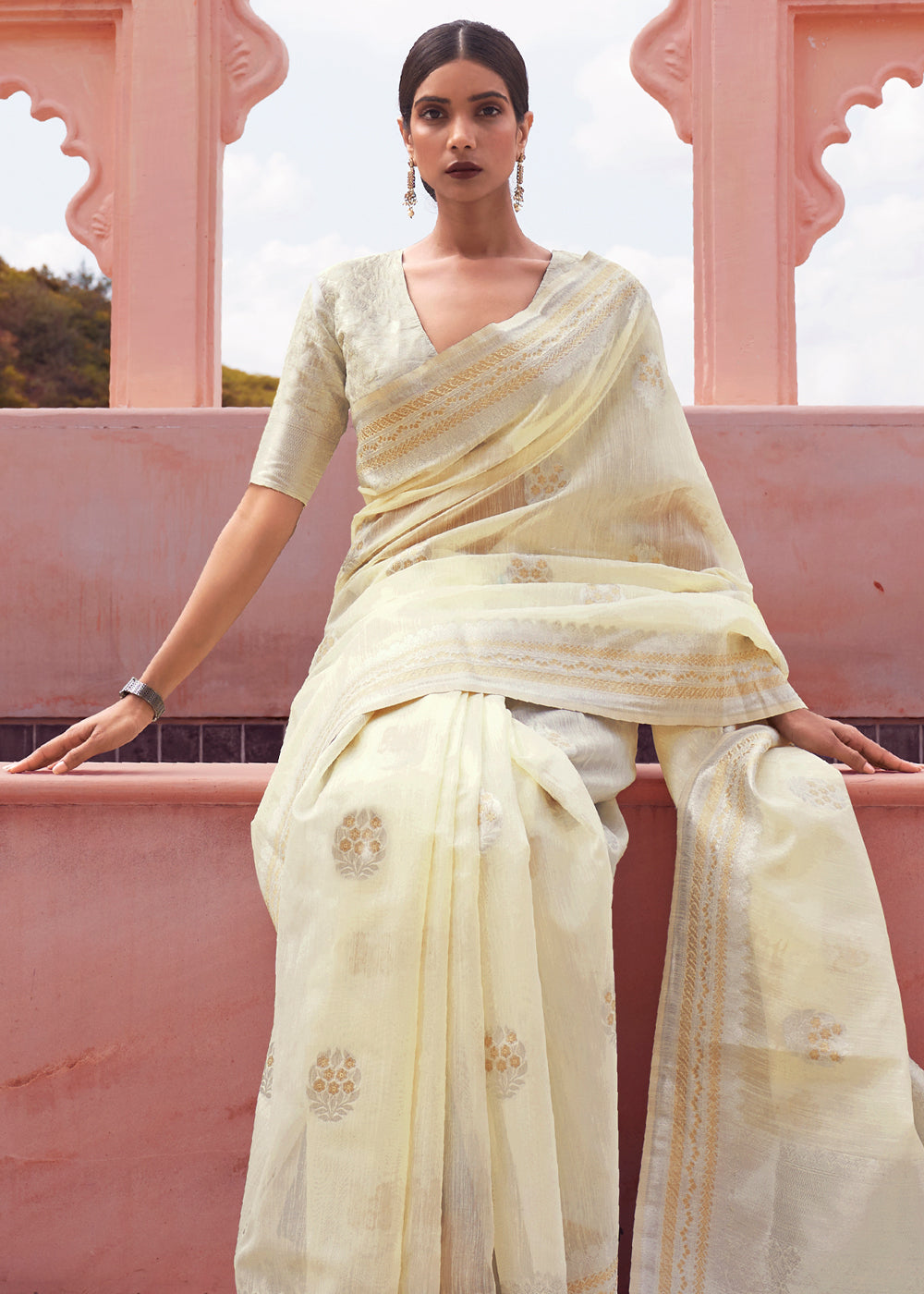 Beige Cream Woven Banarasi Linen Silk Saree