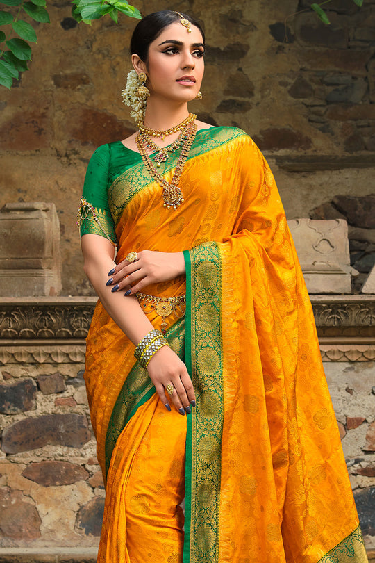 California Yellow and Green Kanjivaram Saree