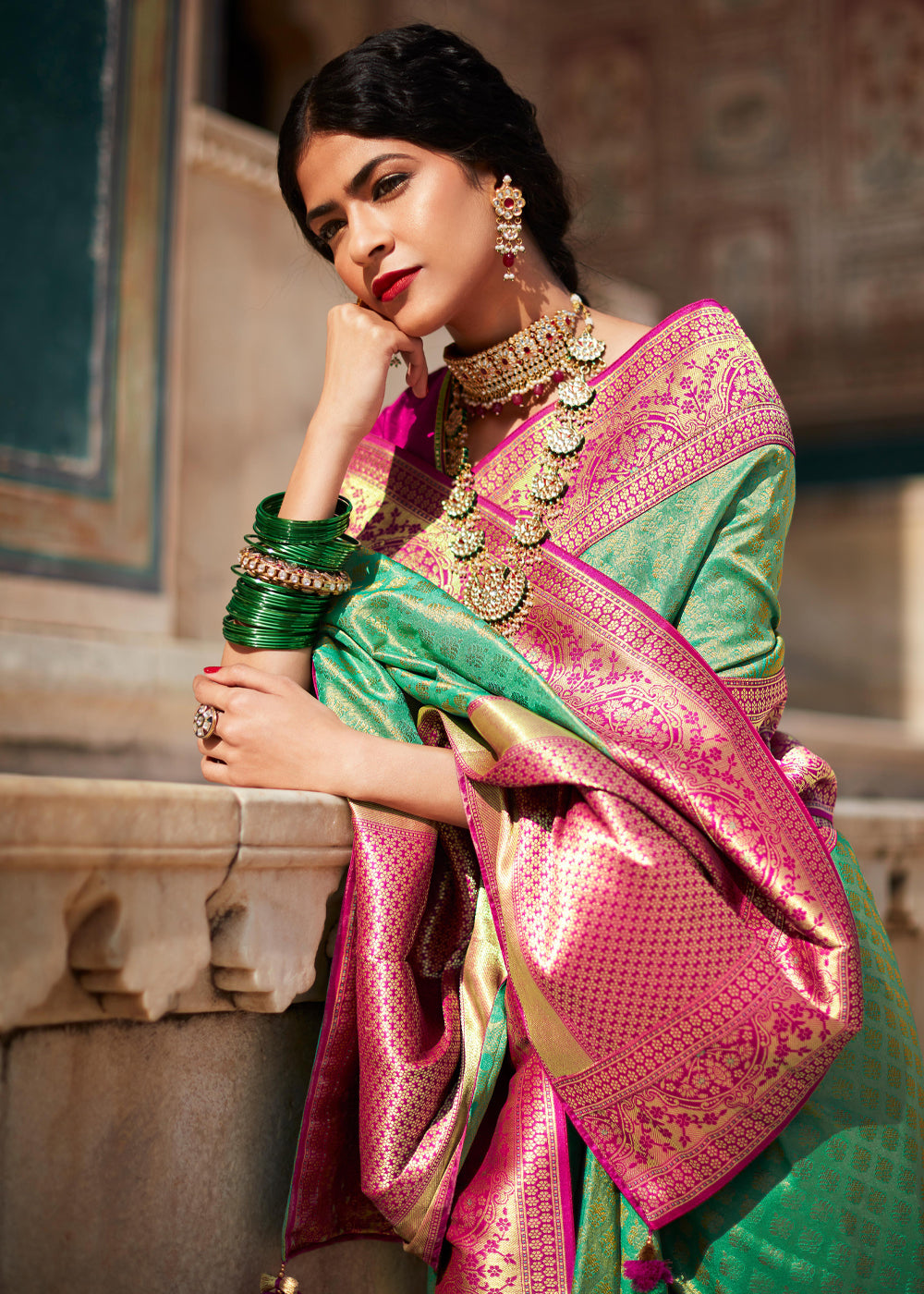 Highland Green and Pink Woven Banarasi Soft Silk Designer Saree