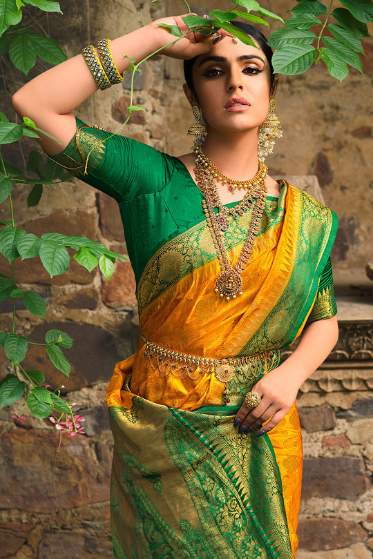 California Yellow and Green Kanjivaram Saree