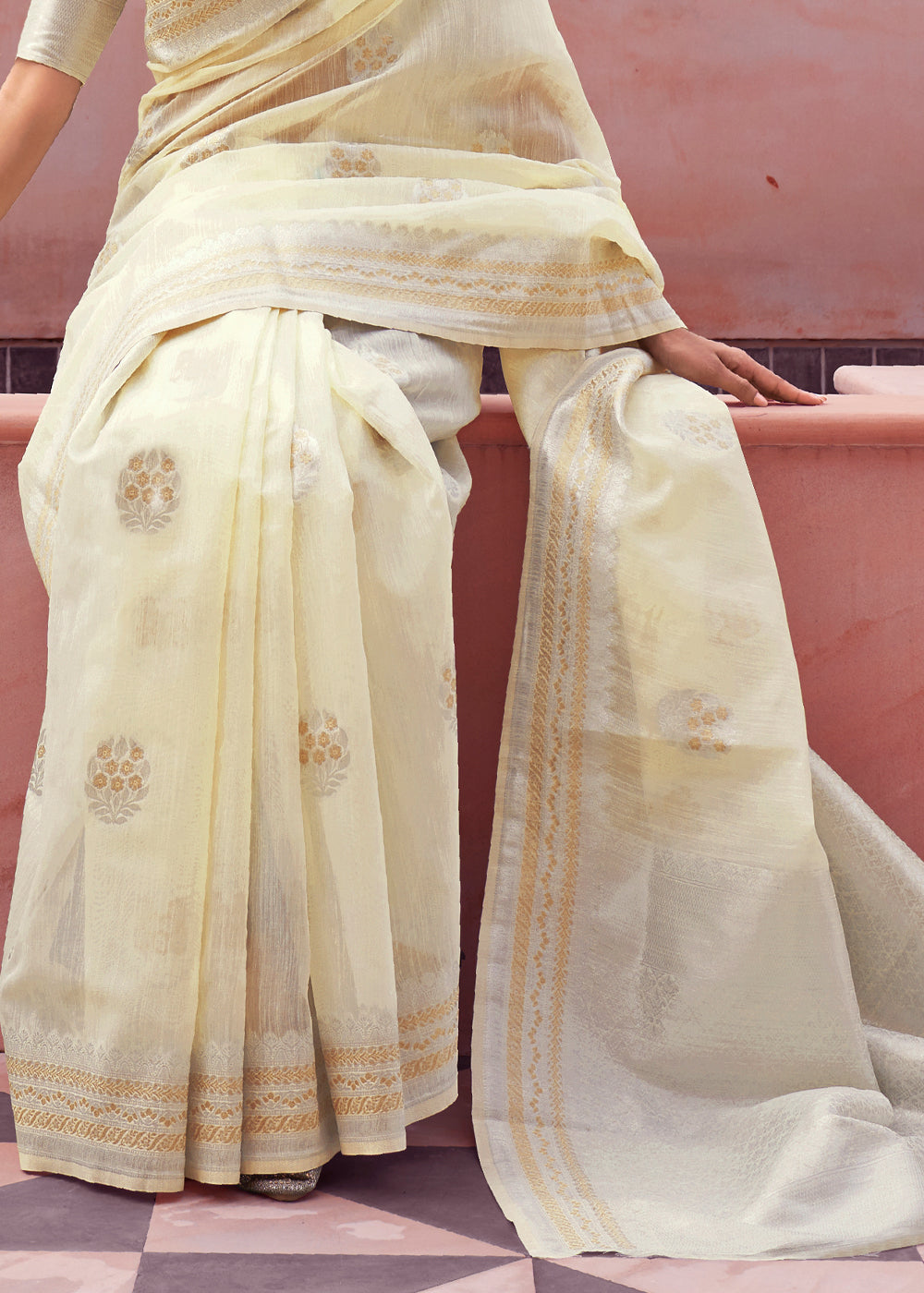 Beige Cream Woven Banarasi Linen Silk Saree