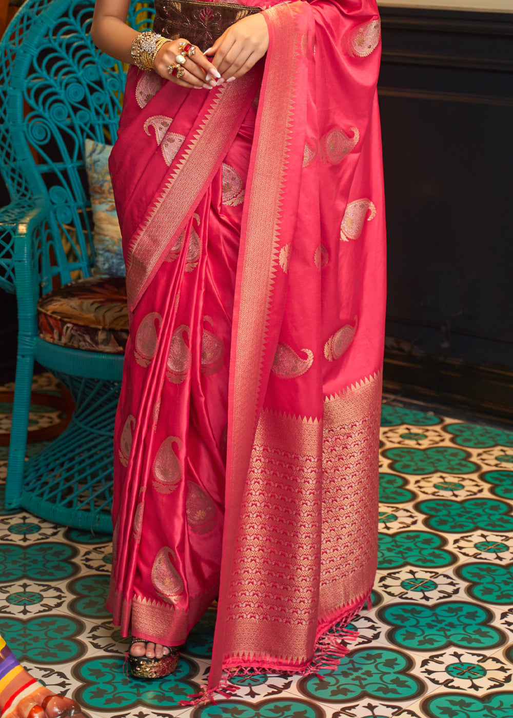 Cherry Pink Woven Satin Silk Saree