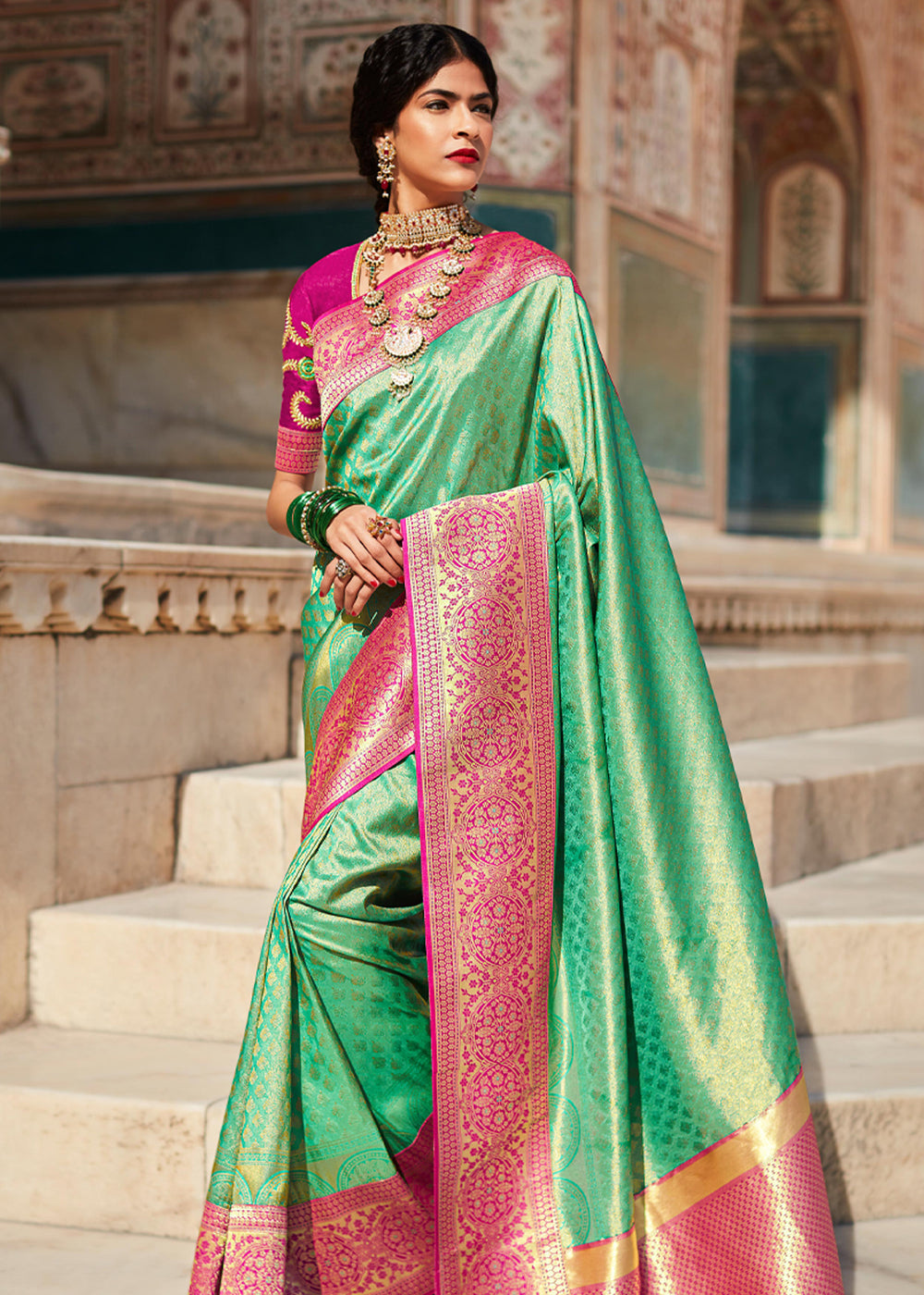 Highland Green and Pink Woven Banarasi Soft Silk Designer Saree