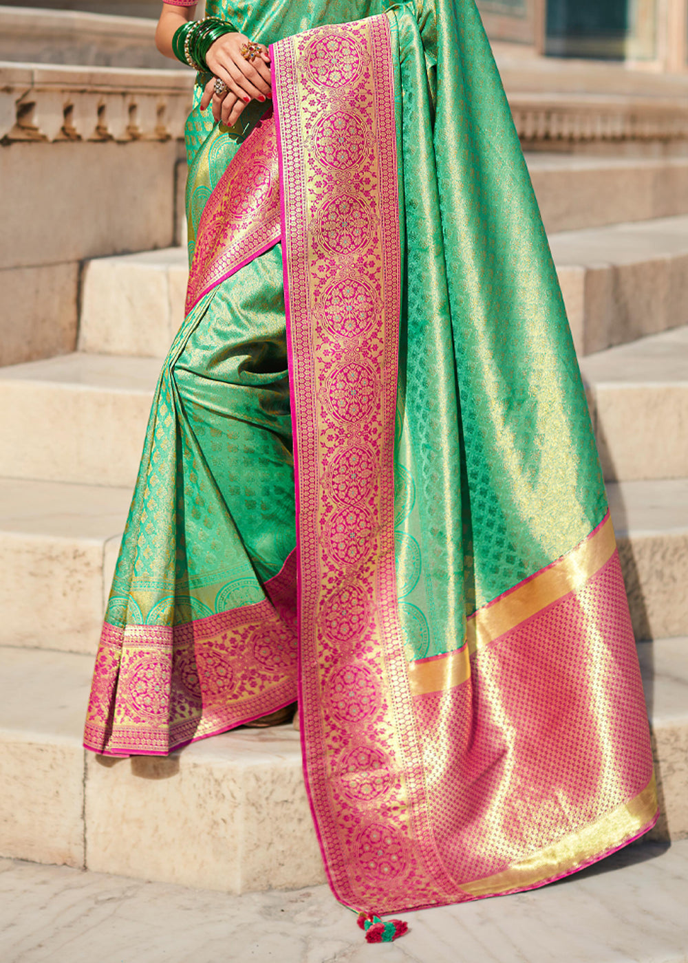 Highland Green and Pink Woven Banarasi Soft Silk Designer Saree