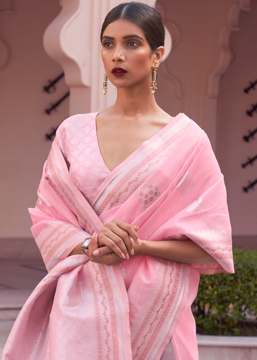 Melon Pink Woven Banarasi Linen Silk Saree