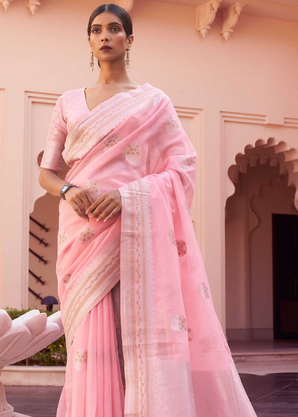 Melon Pink Woven Banarasi Linen Silk Saree