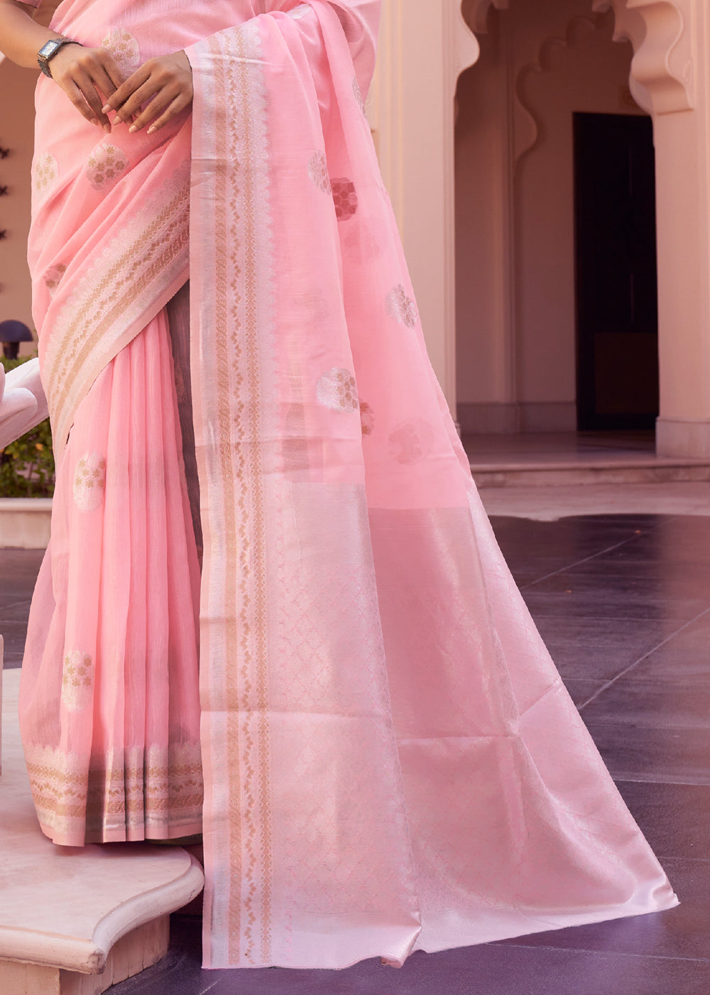 Melon Pink Woven Banarasi Linen Silk Saree