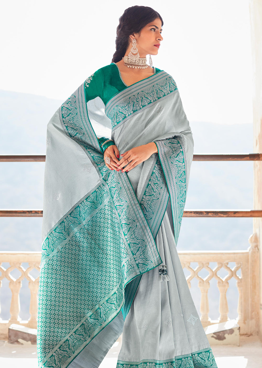 Smoke Grey and Green Woven Banarasi Soft Silk Designer Saree