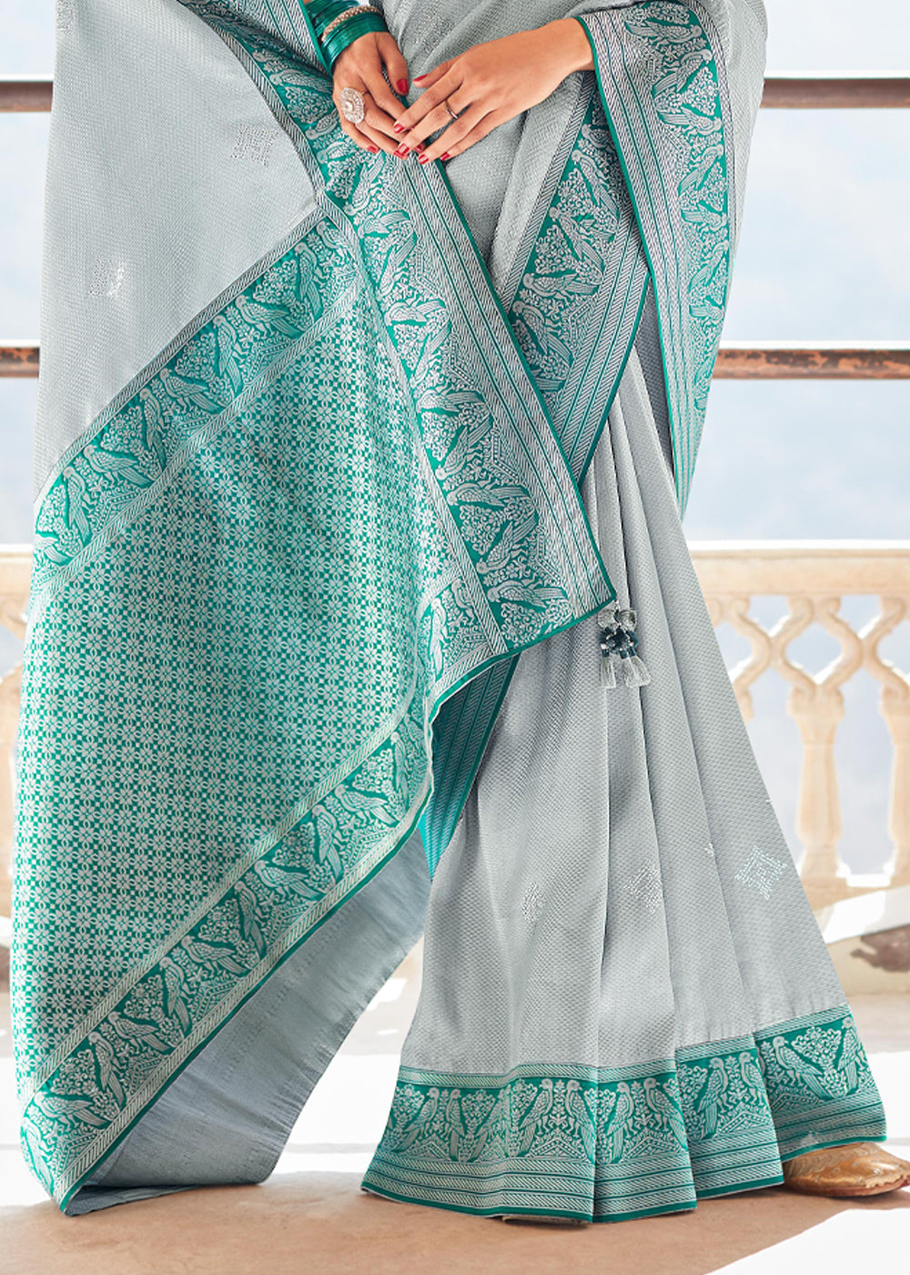 Smoke Grey and Green Woven Banarasi Soft Silk Designer Saree