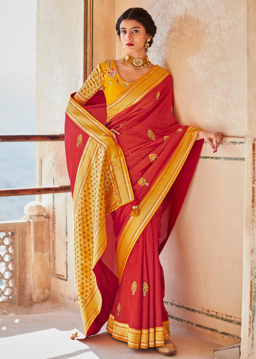 Persian Red and Yellow Woven Banarasi Soft Silk Designer Saree