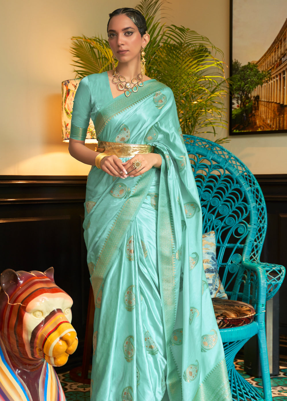 Fringy Flower Blue Woven Satin Silk Saree