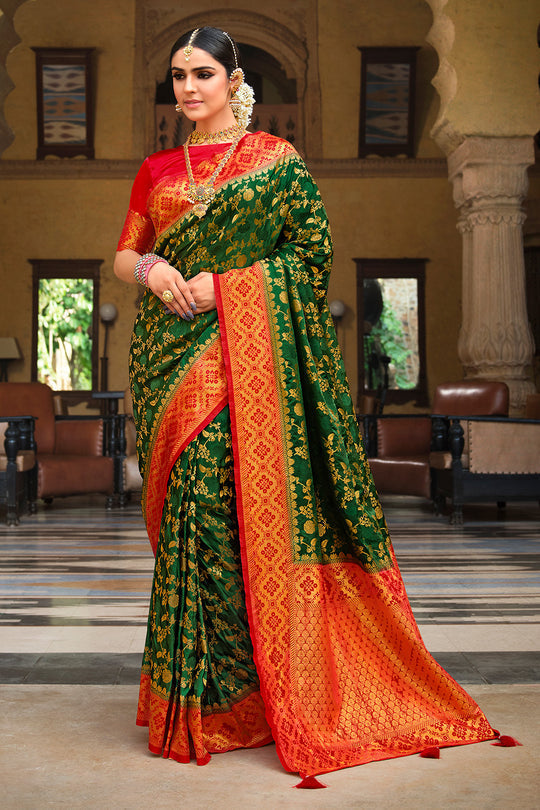 Clover Green and Red Kanjivaram Saree