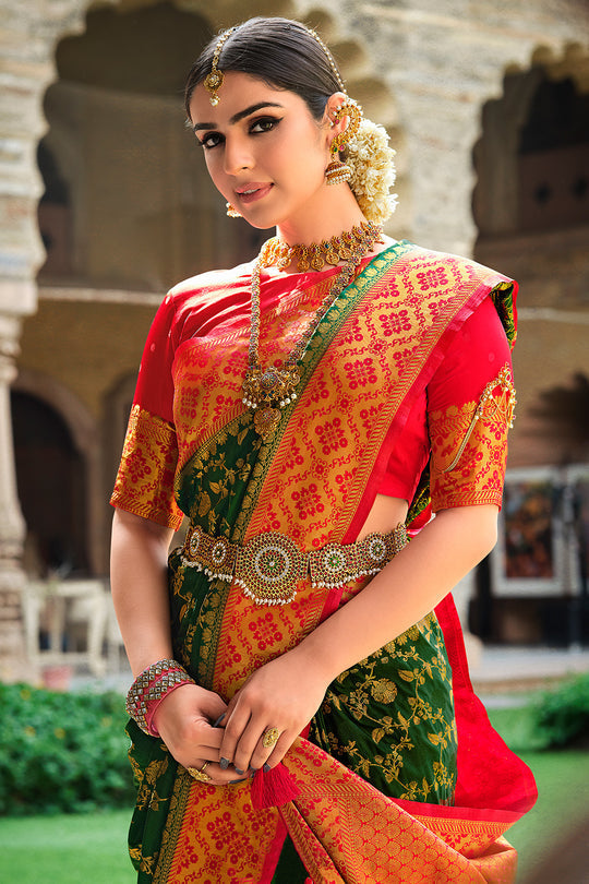 Clover Green and Red Kanjivaram Saree