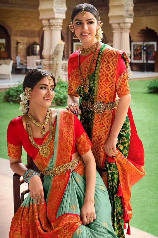 Clover Green and Red Kanjivaram Saree