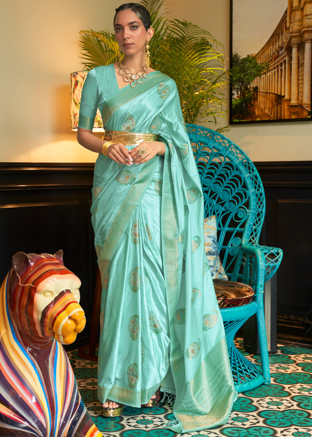 Fringy Flower Blue Woven Satin Silk Saree