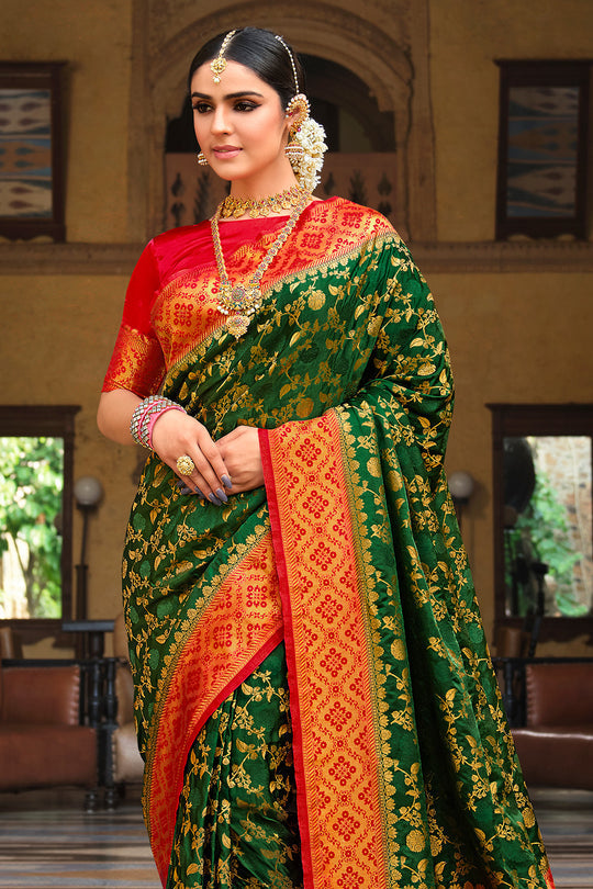 Clover Green and Red Kanjivaram Saree