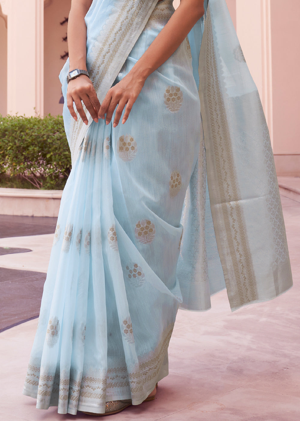 Heather Blue Woven Banarasi Linen Silk Saree