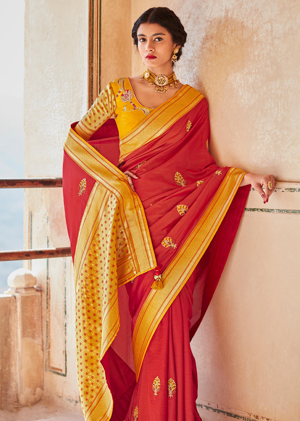 Persian Red and Yellow Woven Banarasi Soft Silk Designer Saree