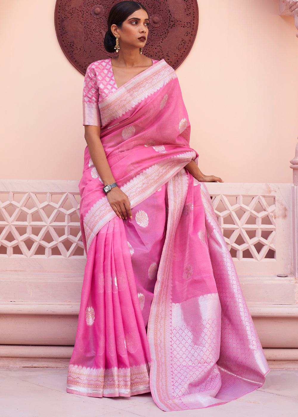 Carnation Pink Woven Banarasi Linen Silk Saree