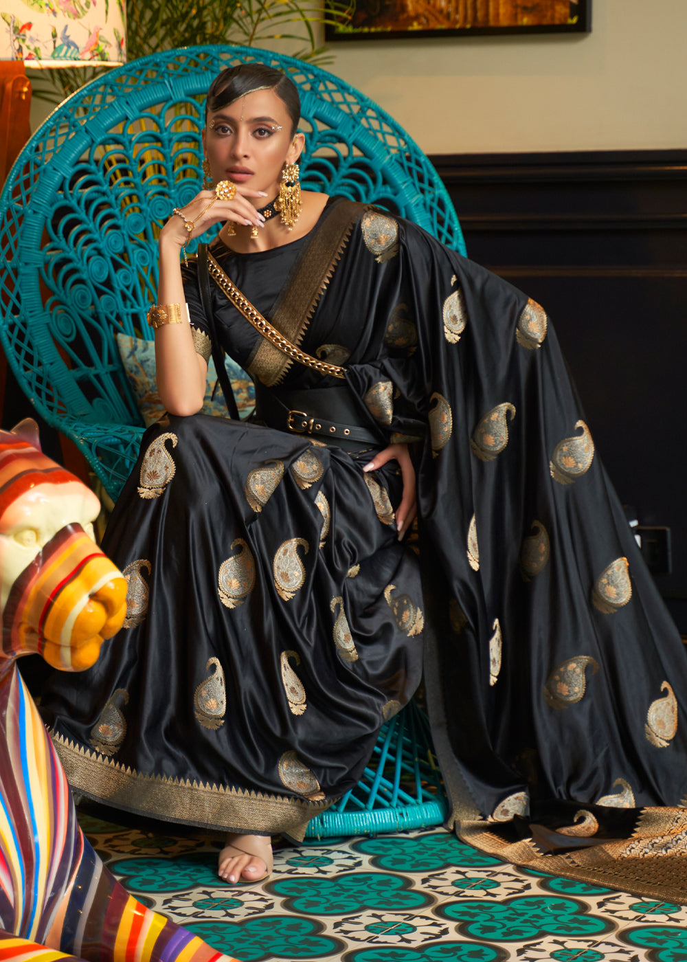 Baltic Sea Black Woven Satin Silk Saree