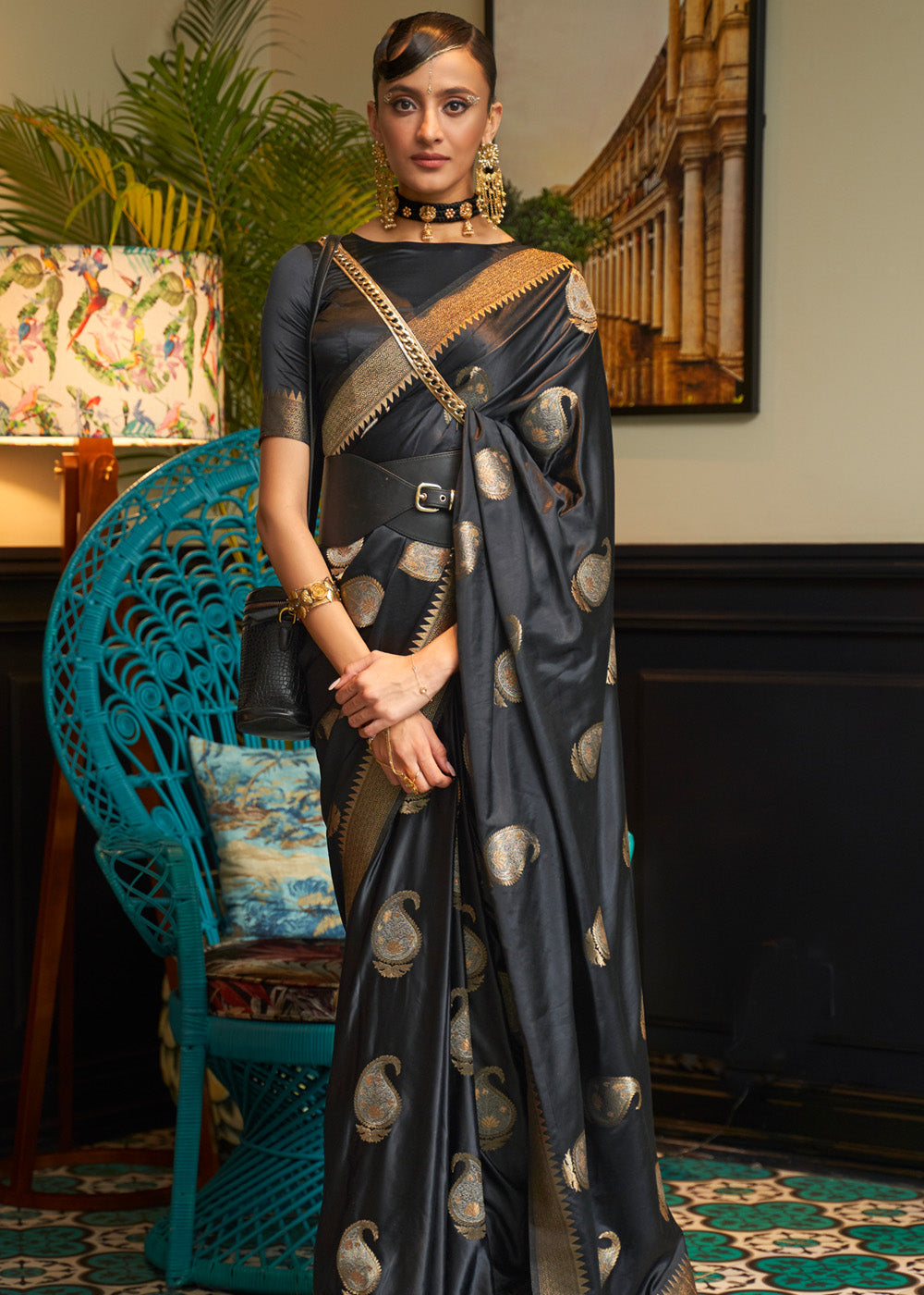 Baltic Sea Black Woven Satin Silk Saree