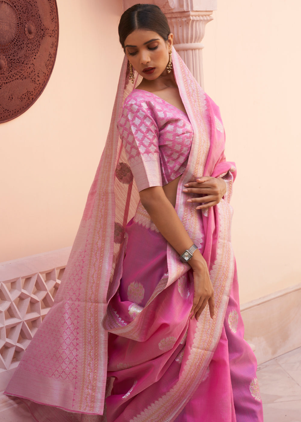 Carnation Pink Woven Banarasi Linen Silk Saree