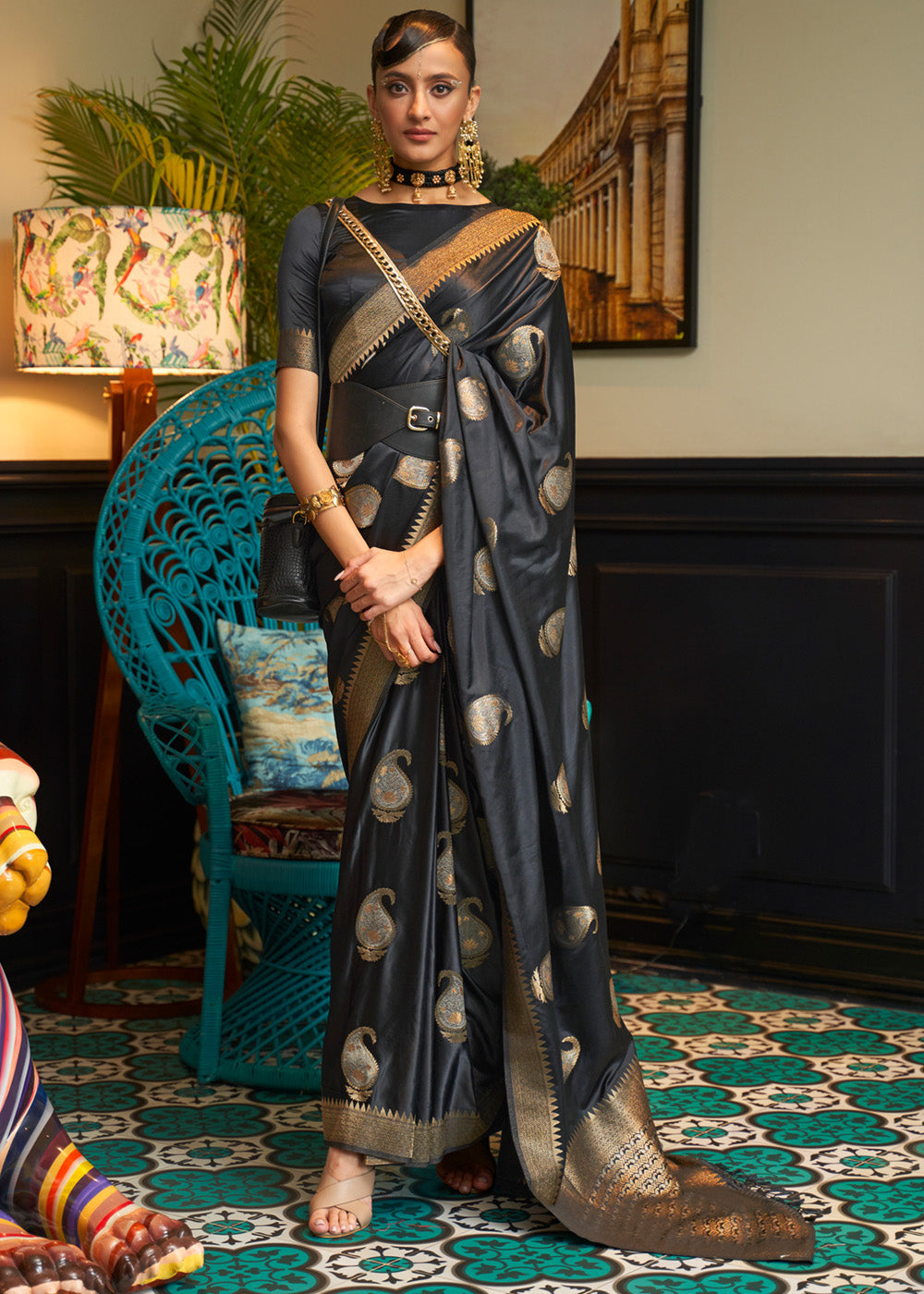 Baltic Sea Black Woven Satin Silk Saree