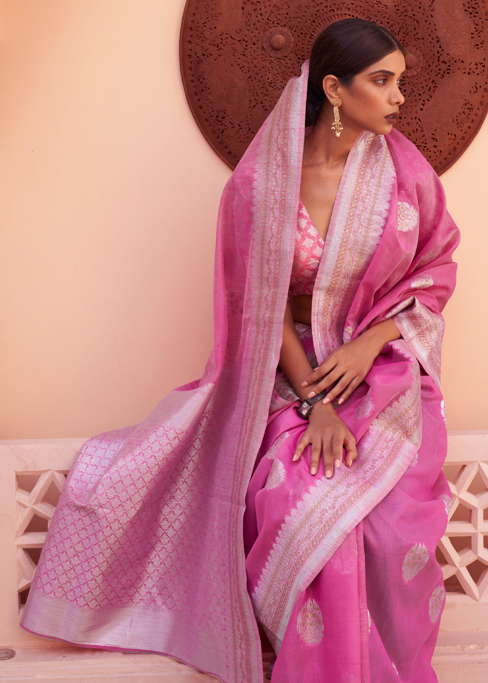 Carnation Pink Woven Banarasi Linen Silk Saree