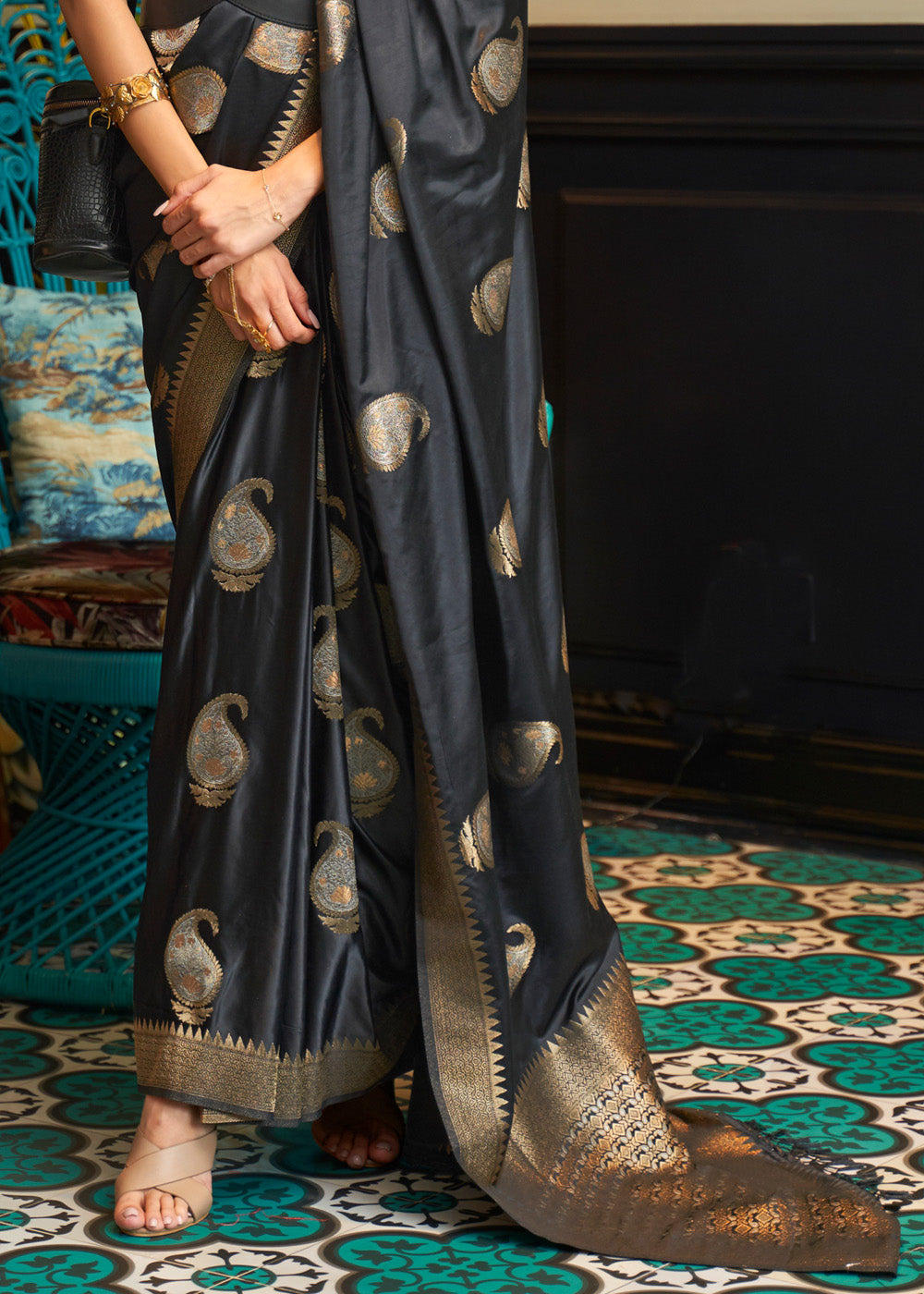 Baltic Sea Black Woven Satin Silk Saree