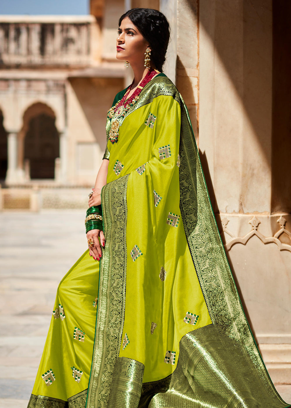 Earls Green Woven Banarasi Soft Silk Designer Saree