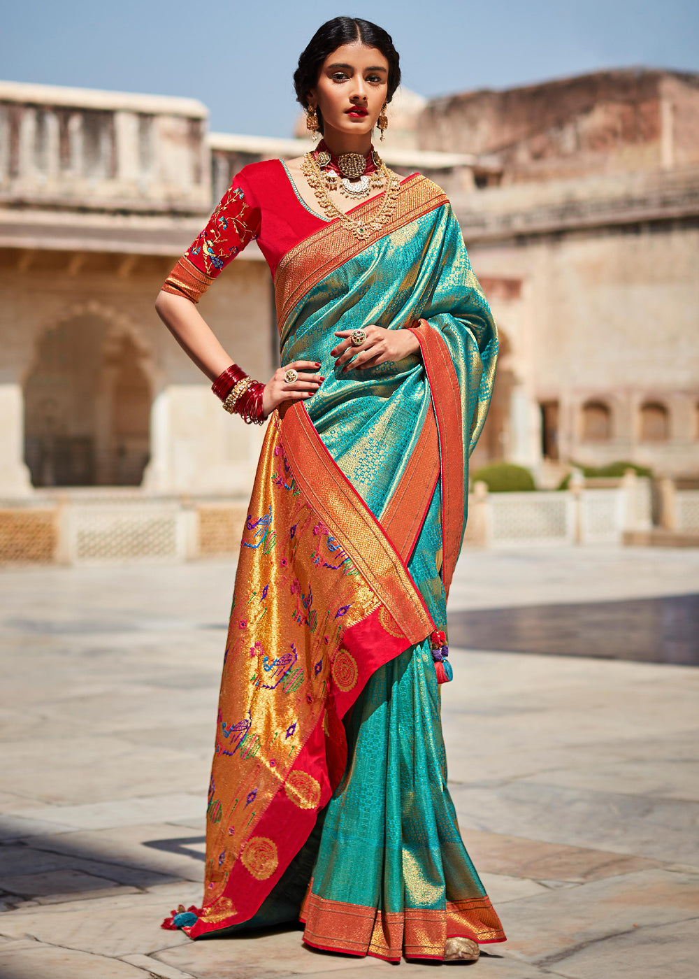 Blue Chill and Red Woven Banarasi Soft Silk Designer Saree