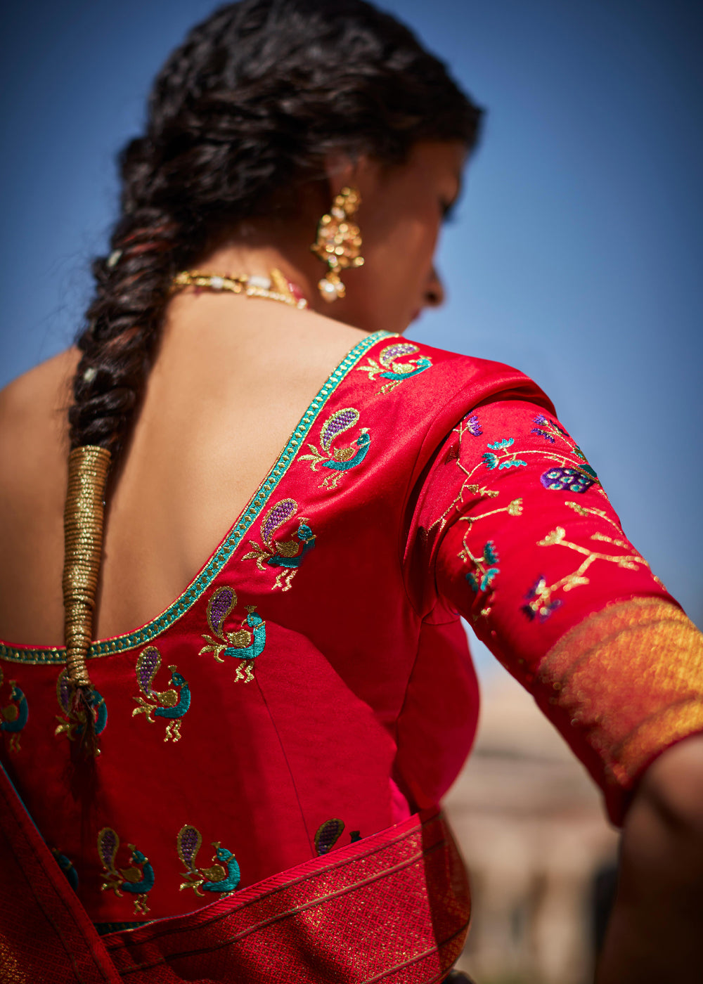 Blue Chill and Red Woven Banarasi Soft Silk Designer Saree