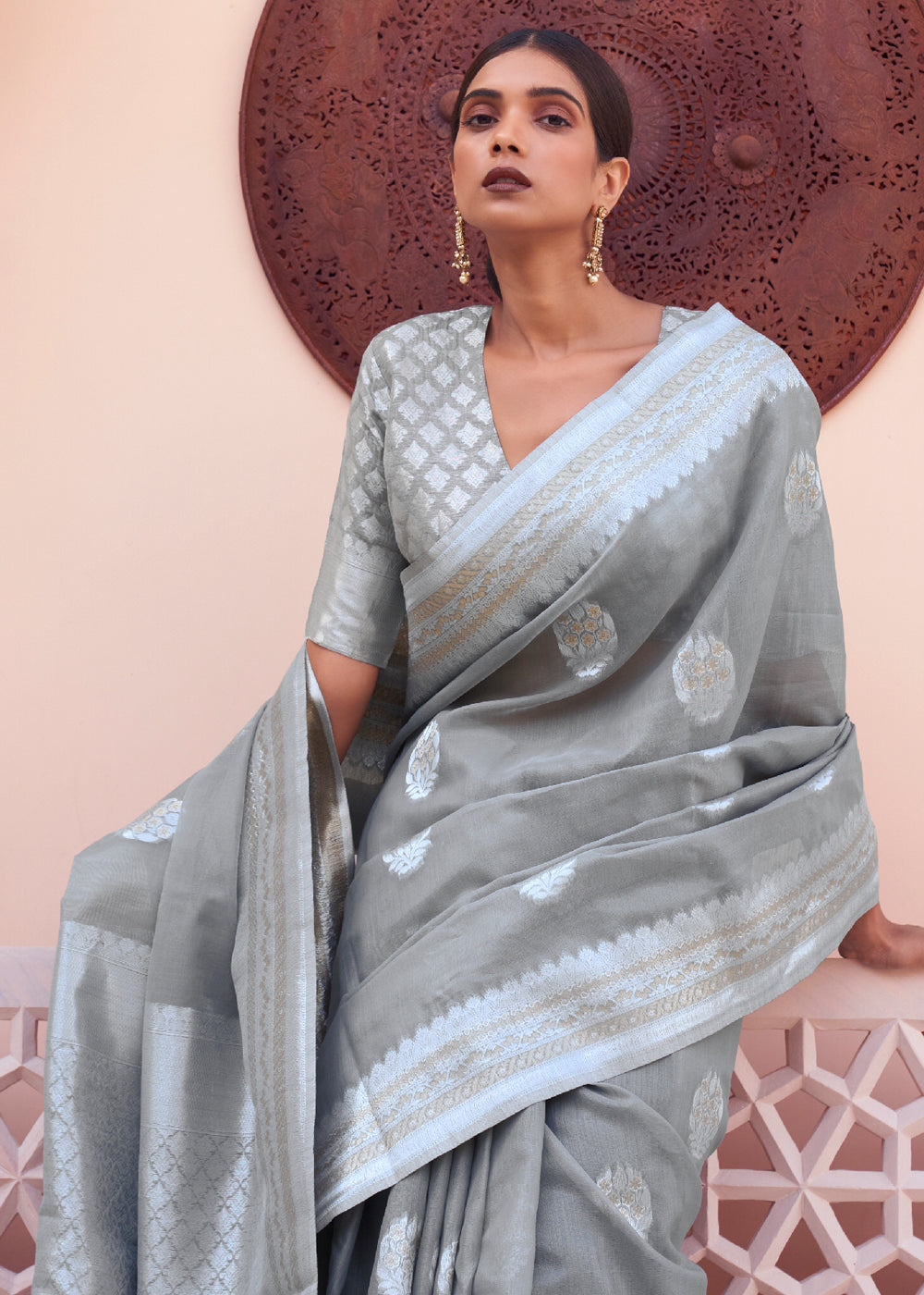 Jumbo Grey Woven Banarasi Linen Silk Saree