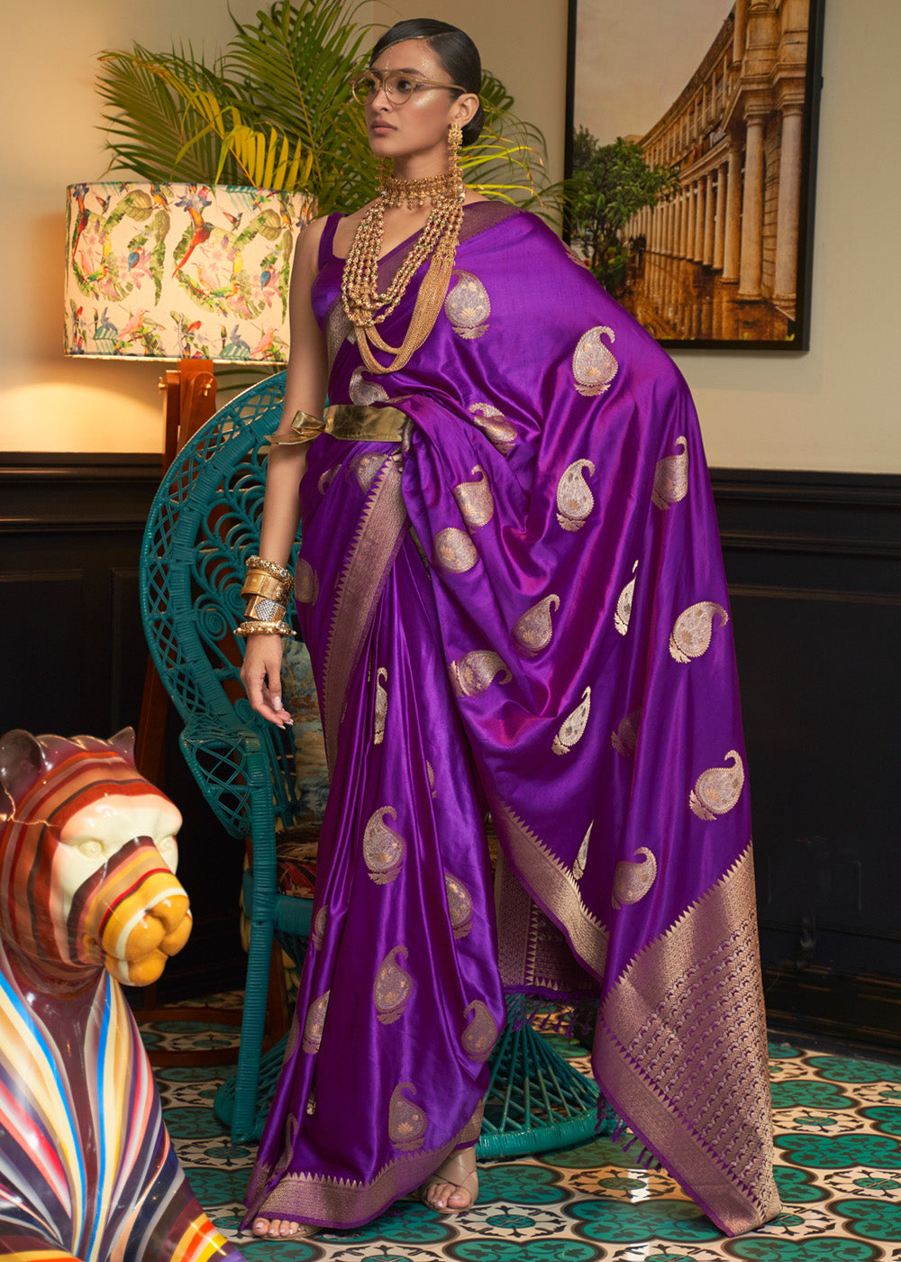 Seance Purple Woven Satin Silk Saree