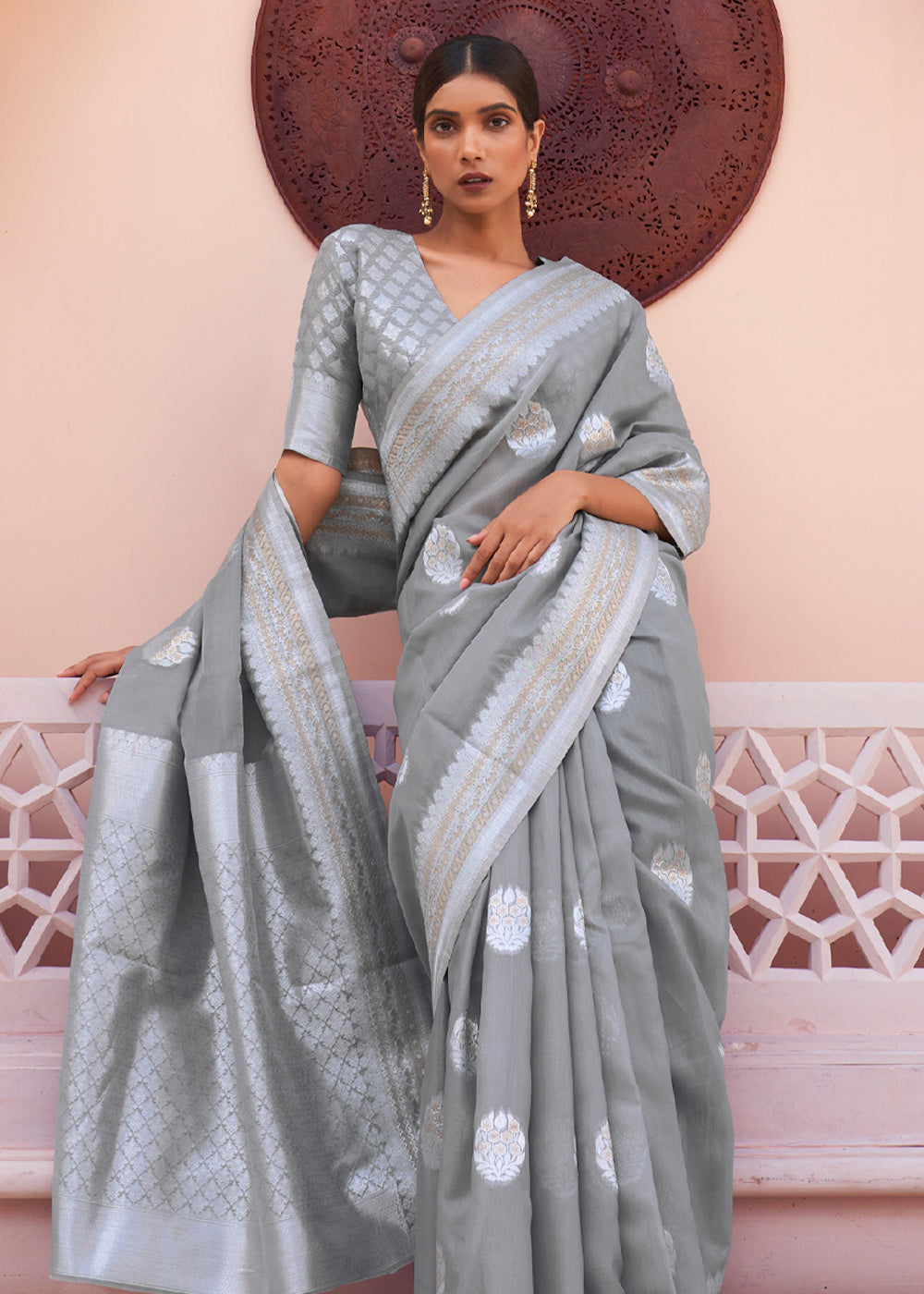 Jumbo Grey Woven Banarasi Linen Silk Saree