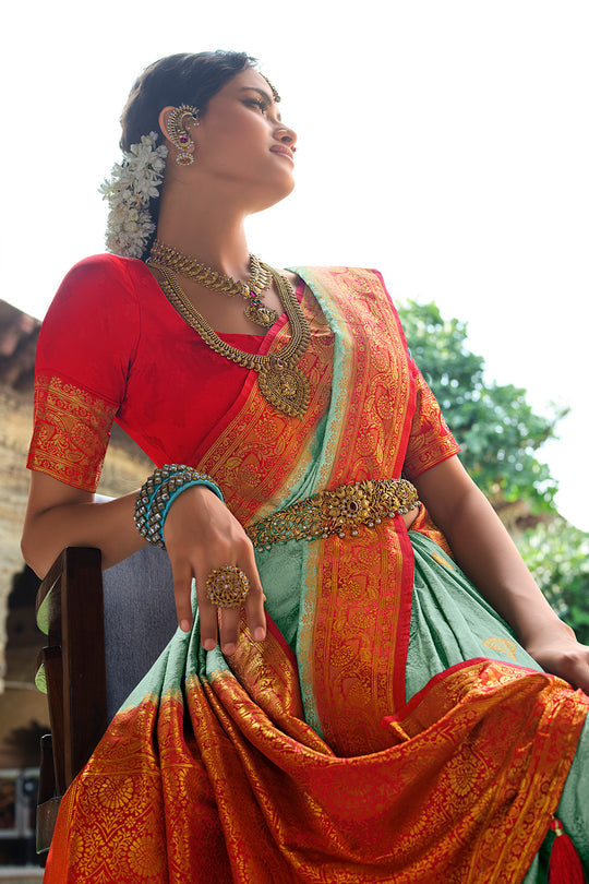 Envy Blue and Red Kanjivaram Saree