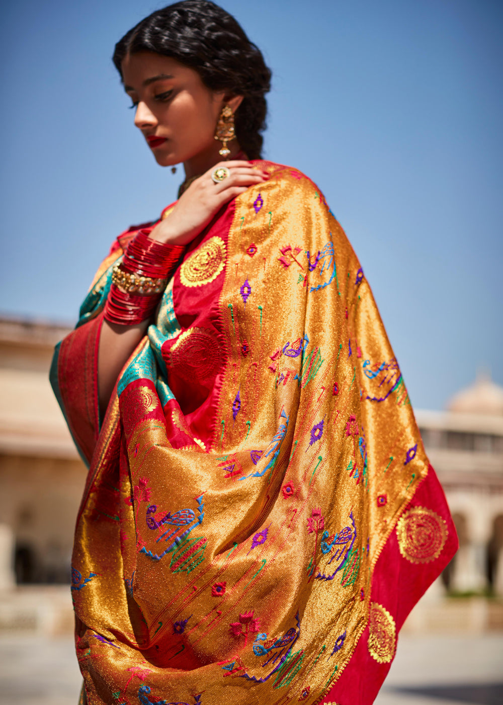 Blue Chill and Red Woven Banarasi Soft Silk Designer Saree