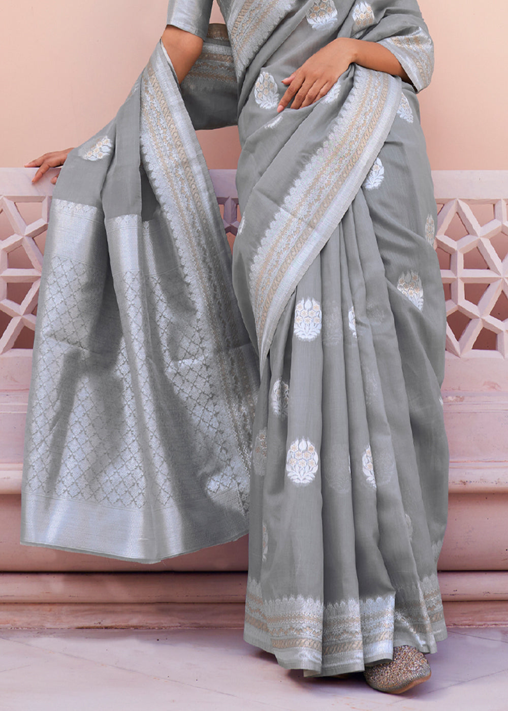 Jumbo Grey Woven Banarasi Linen Silk Saree