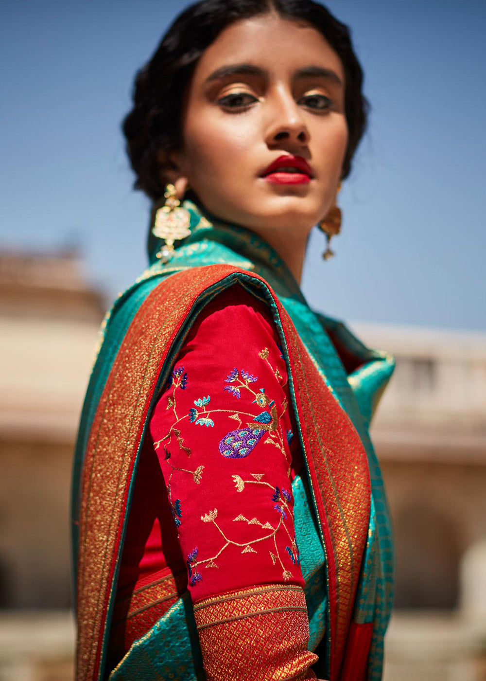 Blue Chill and Red Woven Banarasi Soft Silk Designer Saree