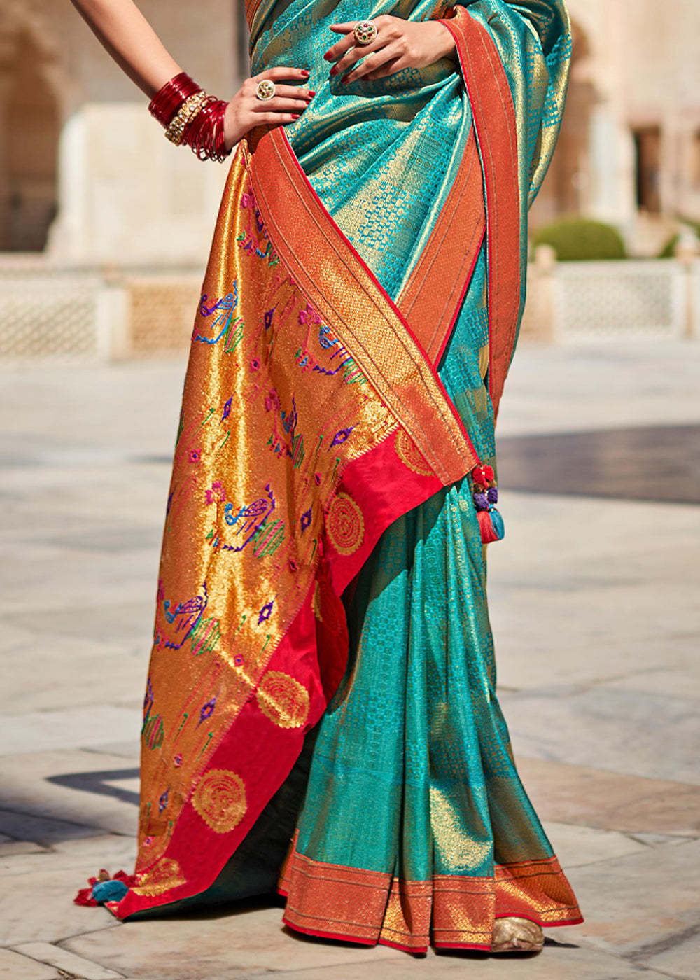 Blue Chill and Red Woven Banarasi Soft Silk Designer Saree