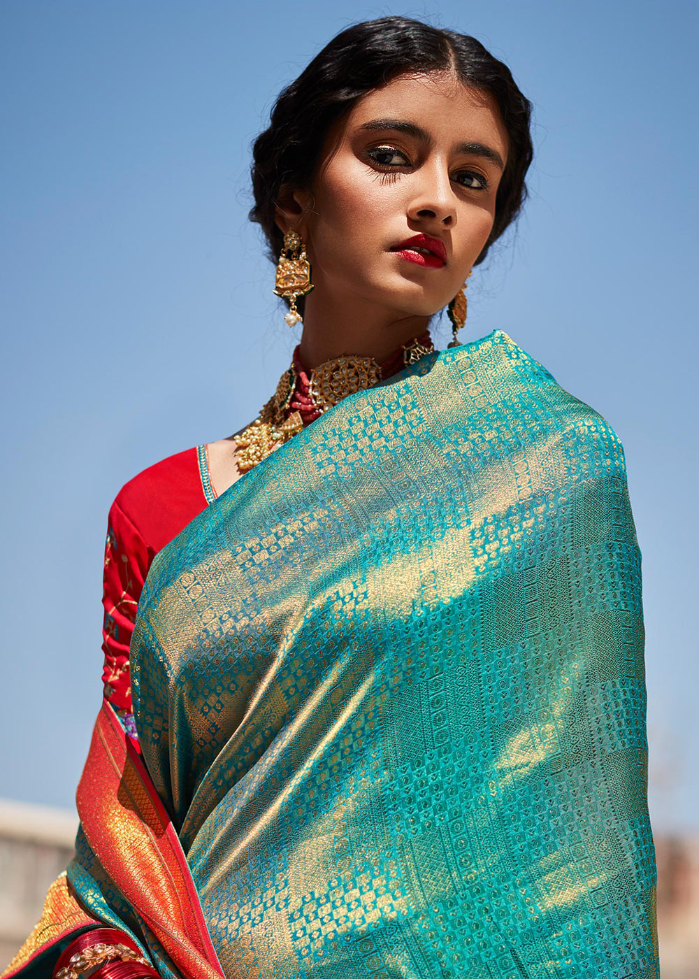 Blue Chill and Red Woven Banarasi Soft Silk Designer Saree