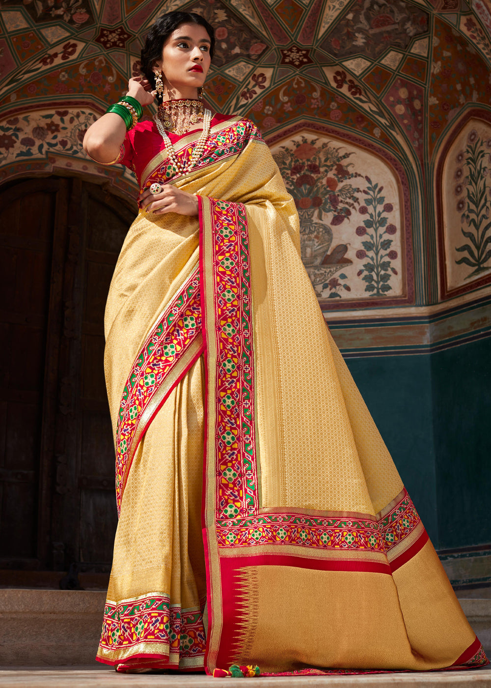 Portafino Yellow and Red Woven Banarasi Soft Silk Designer Saree