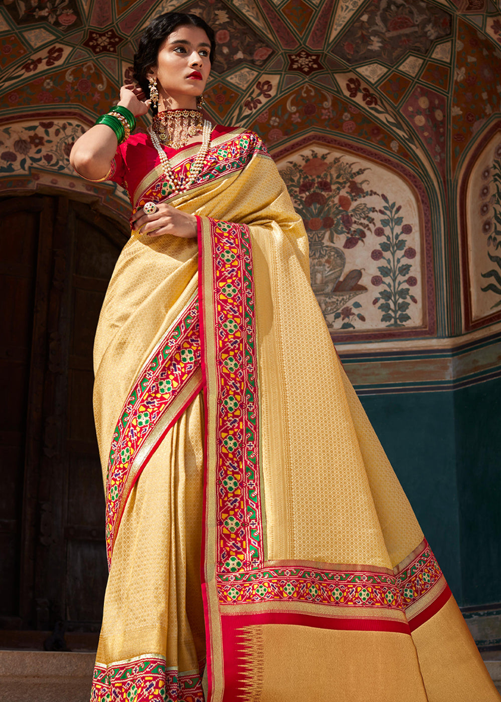 Portafino Yellow and Red Woven Banarasi Soft Silk Designer Saree